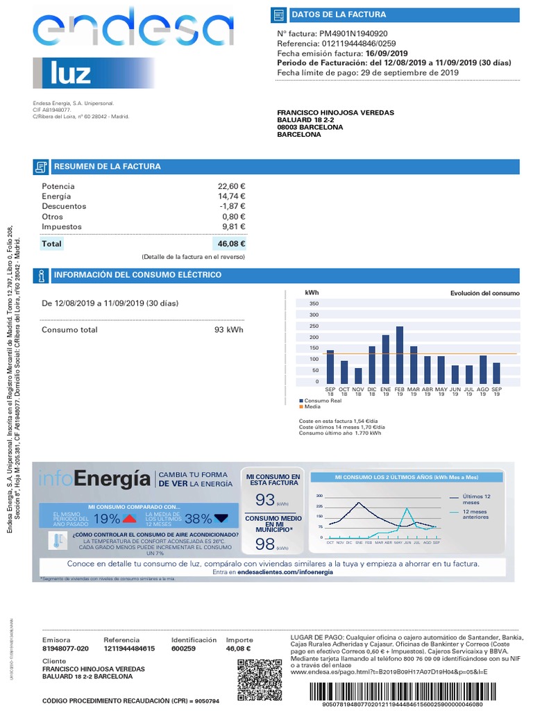 Factura de Endesa Energía Unipersonal | PDF | Electricidad | Energía y ...