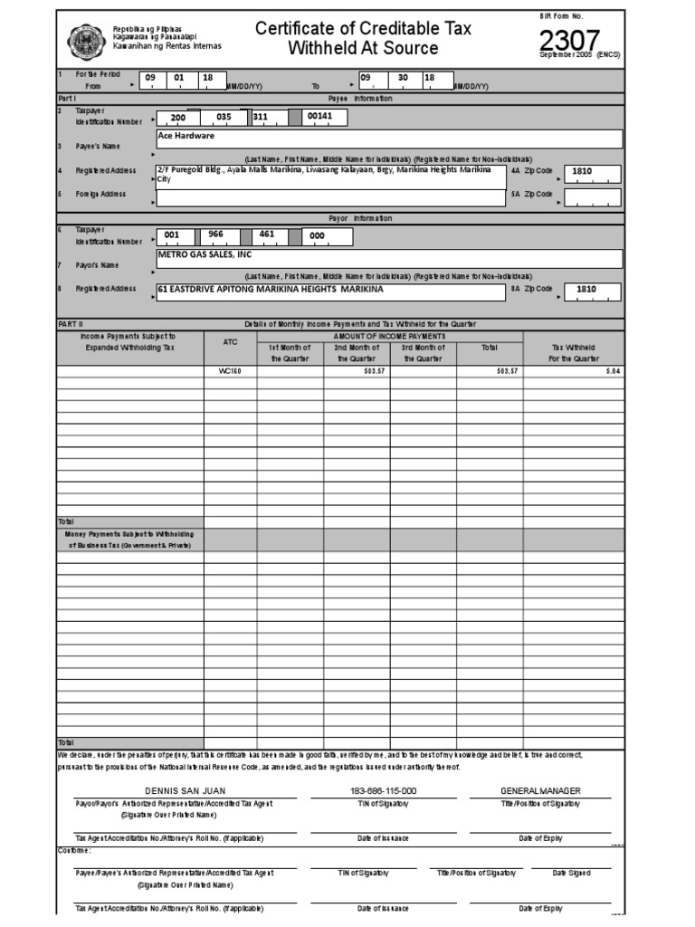 Ace Hardware PDF Withholding Tax Payments