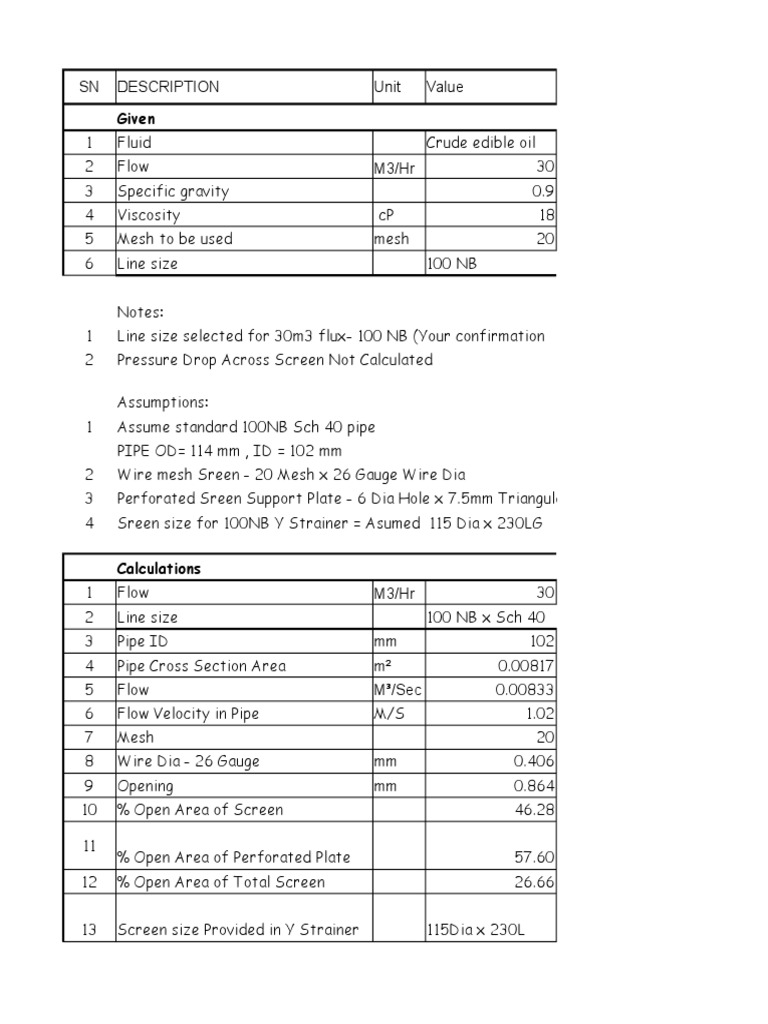 CalculationStrainerCrude Edible Oil PDF Pipe (Fluid Conveyance