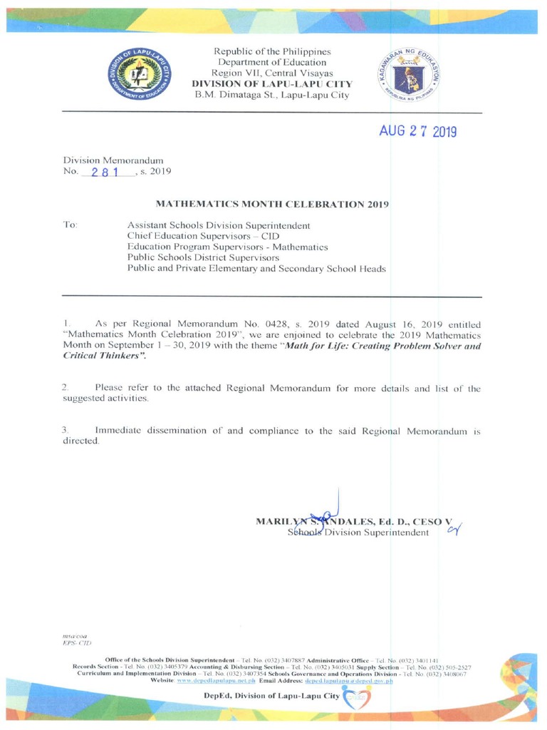DM NO. 281 S. 2019 - Mathematics Month Celebration 2019 | PDF
