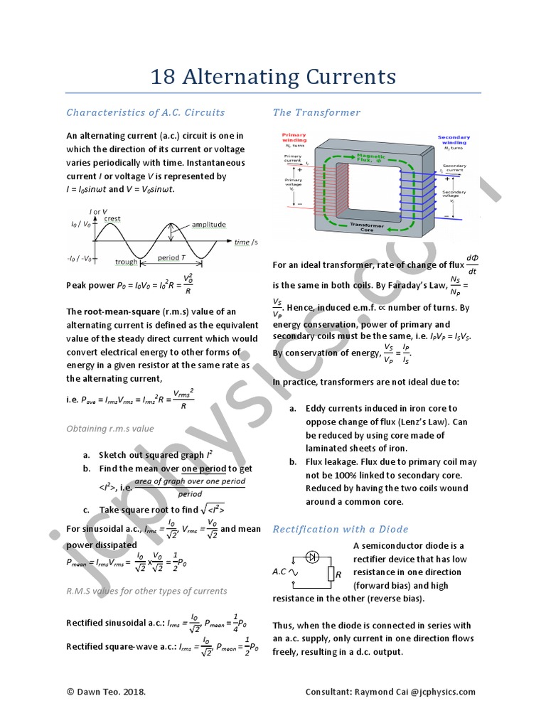 18 Alternating Currents Summary PDF | PDF | Rectifier | Transformer