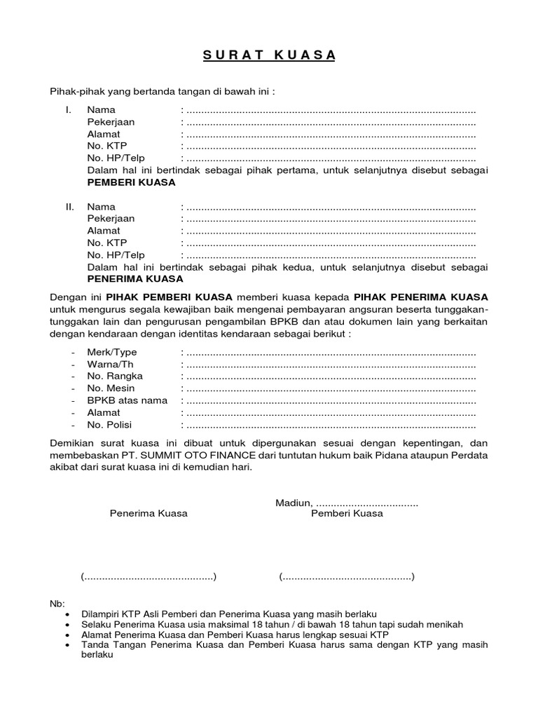 Surat Kuasa Pt. Summit Oto Finance | PDF