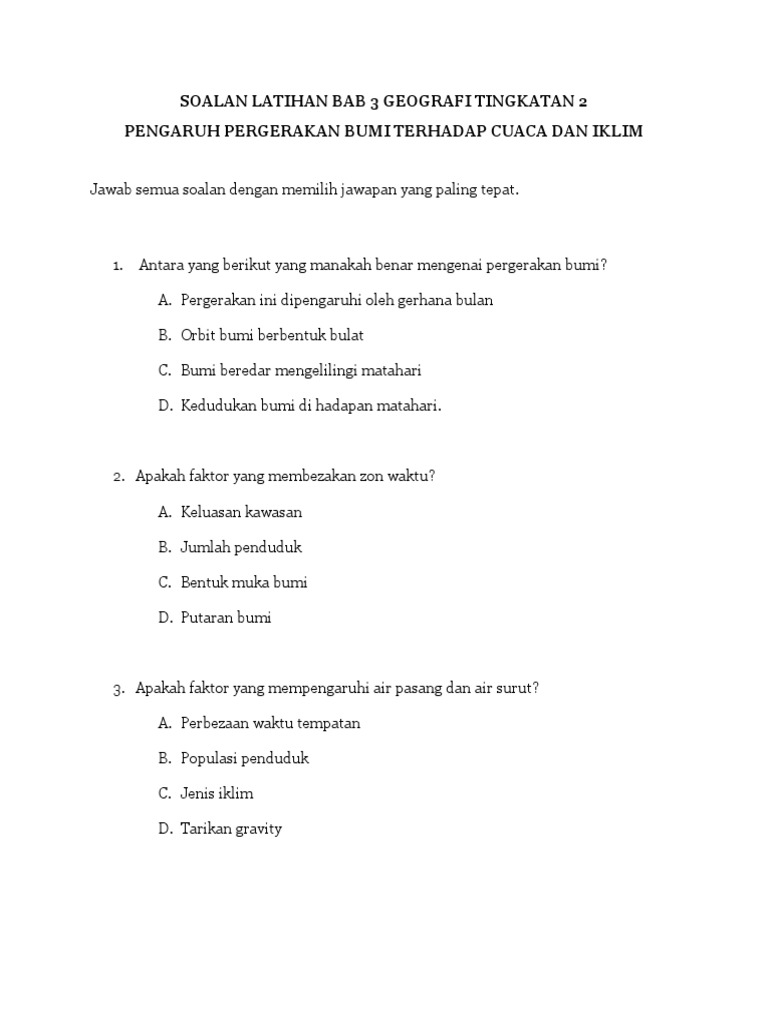 Soalan Latihan Bab 3 Geografi Tingkatan 2 Pdf
