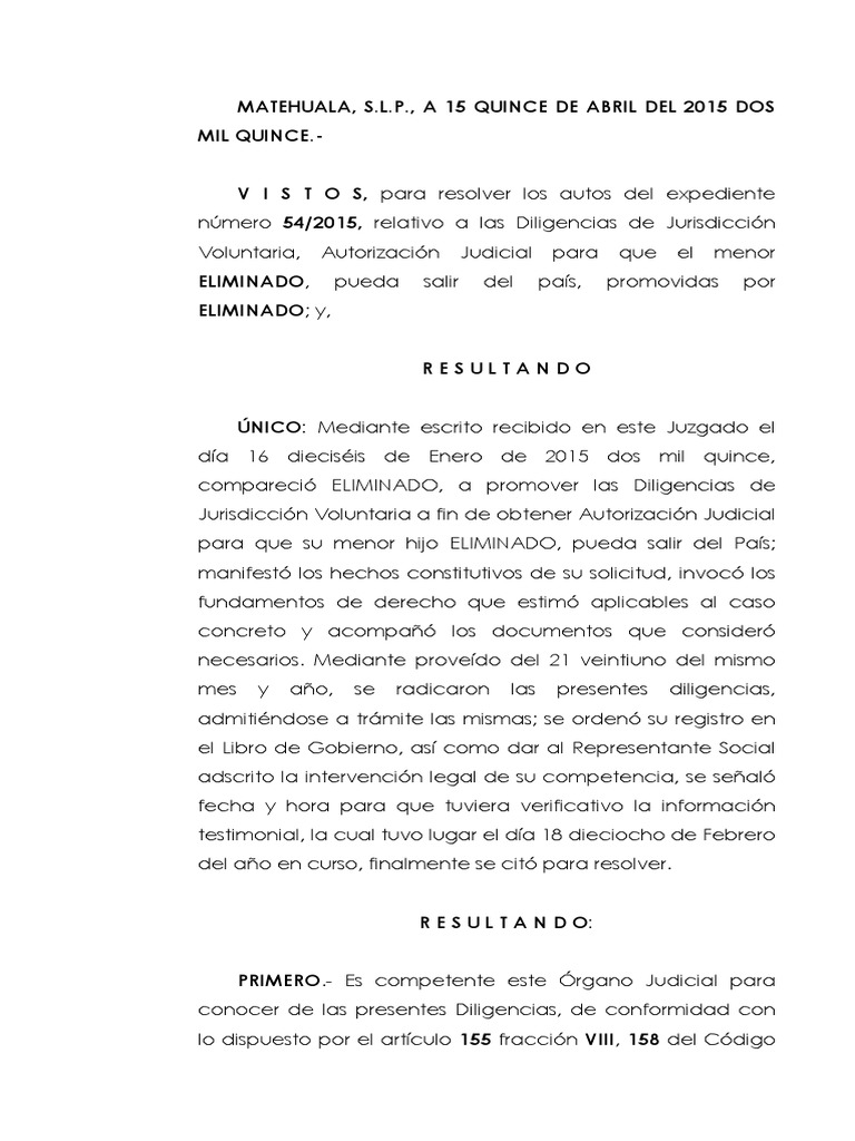 Autorizacion Judicial, Salida Del Menor, Jurisdiccion Voluntaria. | PDF |  Divorcio | Información del gobierno