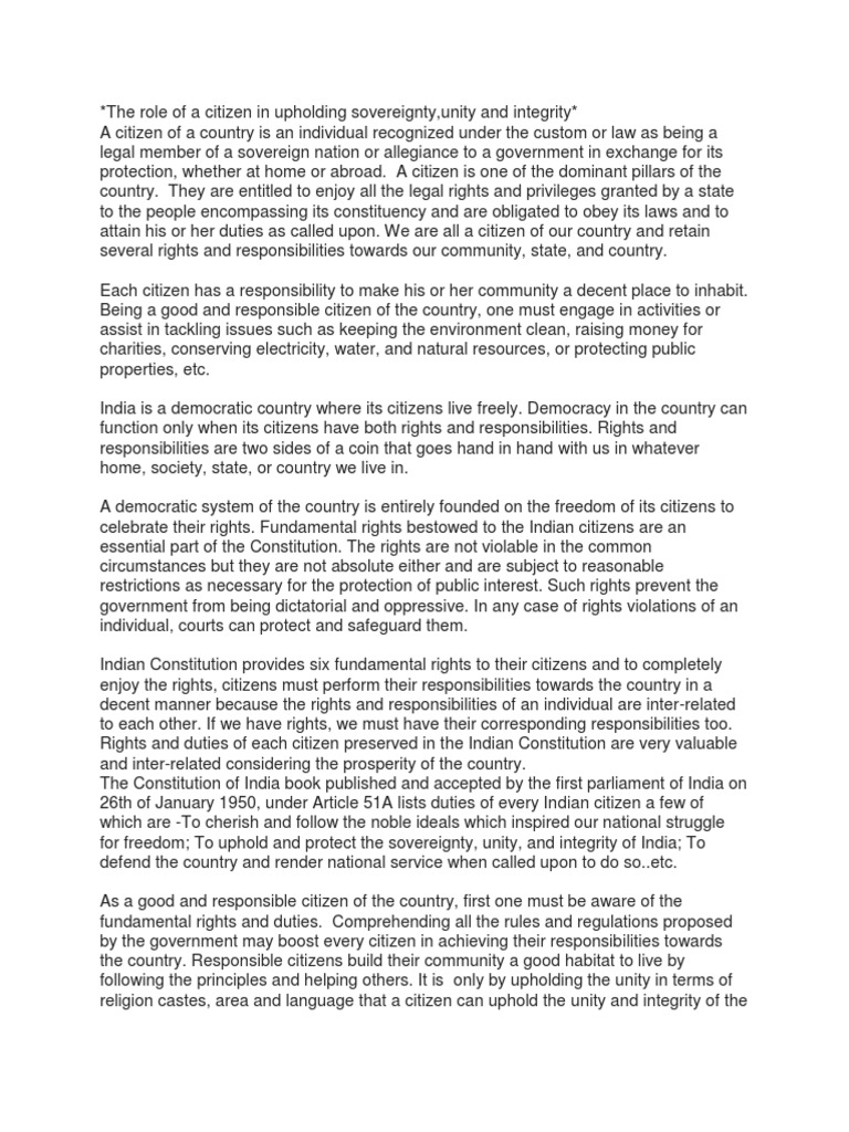 The Role of A Citizen in Upholding Sovereignty, Unity | PDF ...