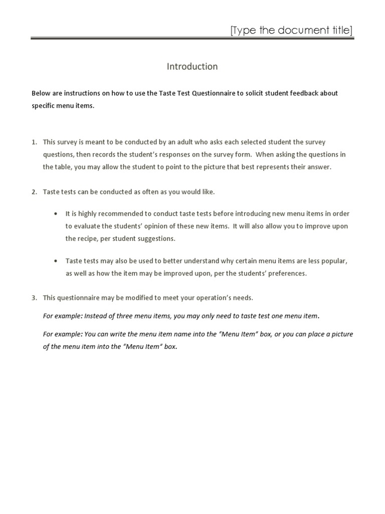 Taste Test Questionnaire Menu Questionnaire