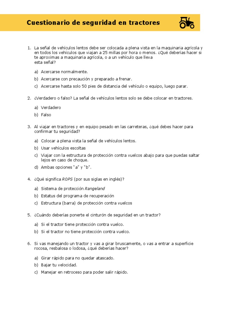 Tractor Safety Quiz Spanish Pdf Tractor Naturaleza