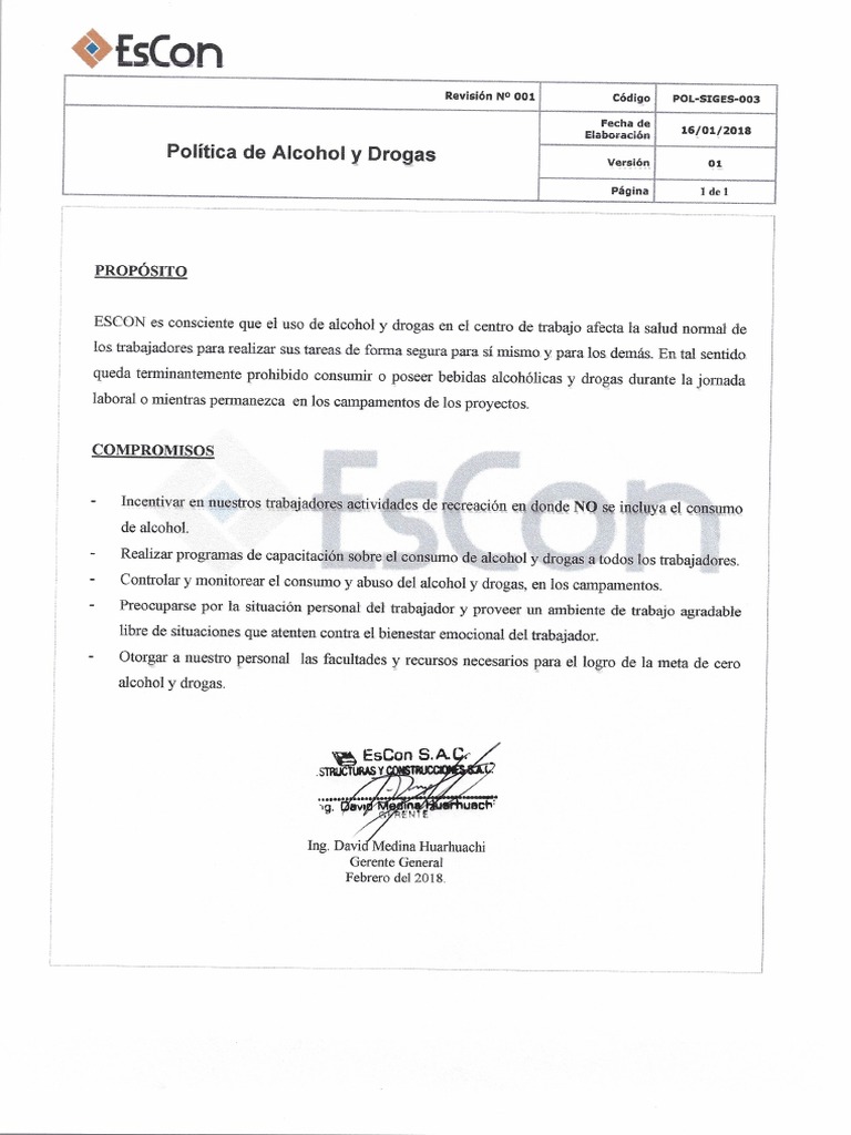 Pol Siges 003 Politica De Alcohol Y Drogas Pdf