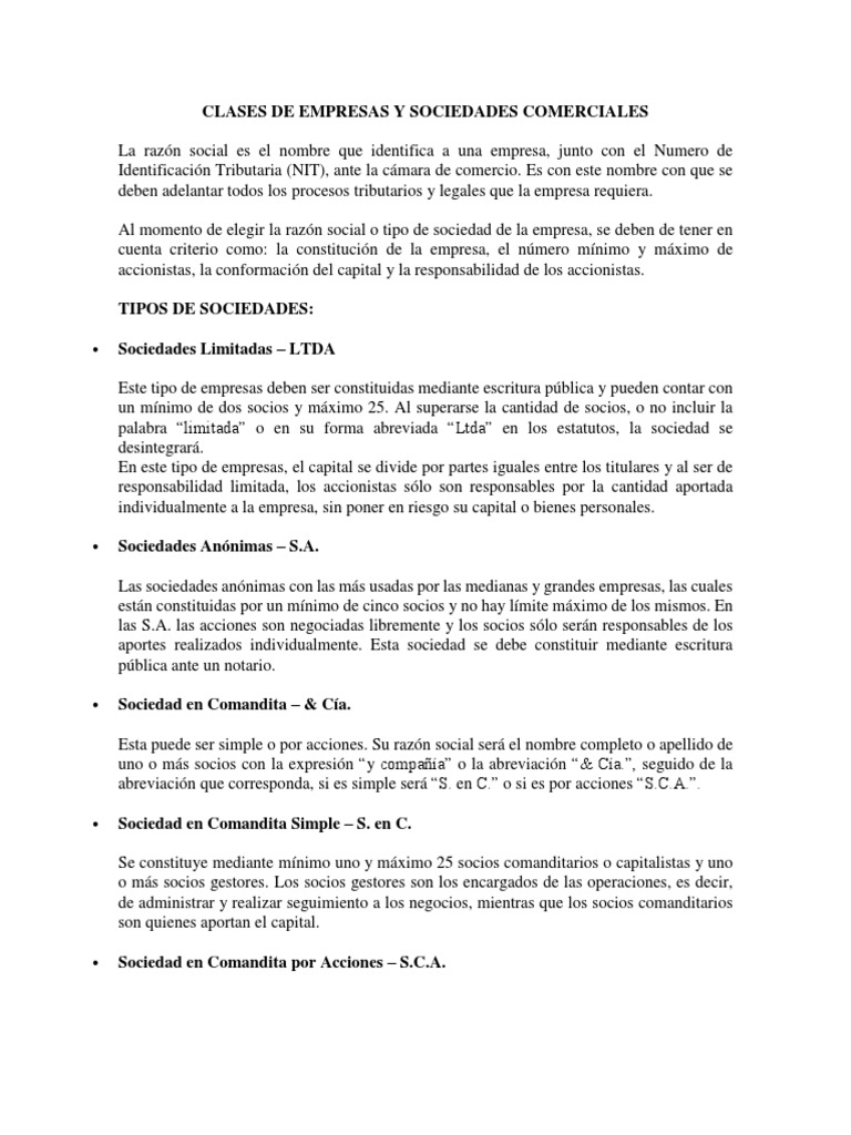 Clases de Empresas y Sociedades Comerciales | PDF | Empresas | Business