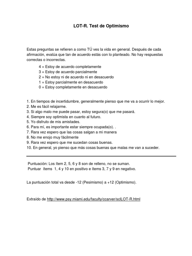 Test de Optimismo LOT-R | PDF | Salud y bienestar