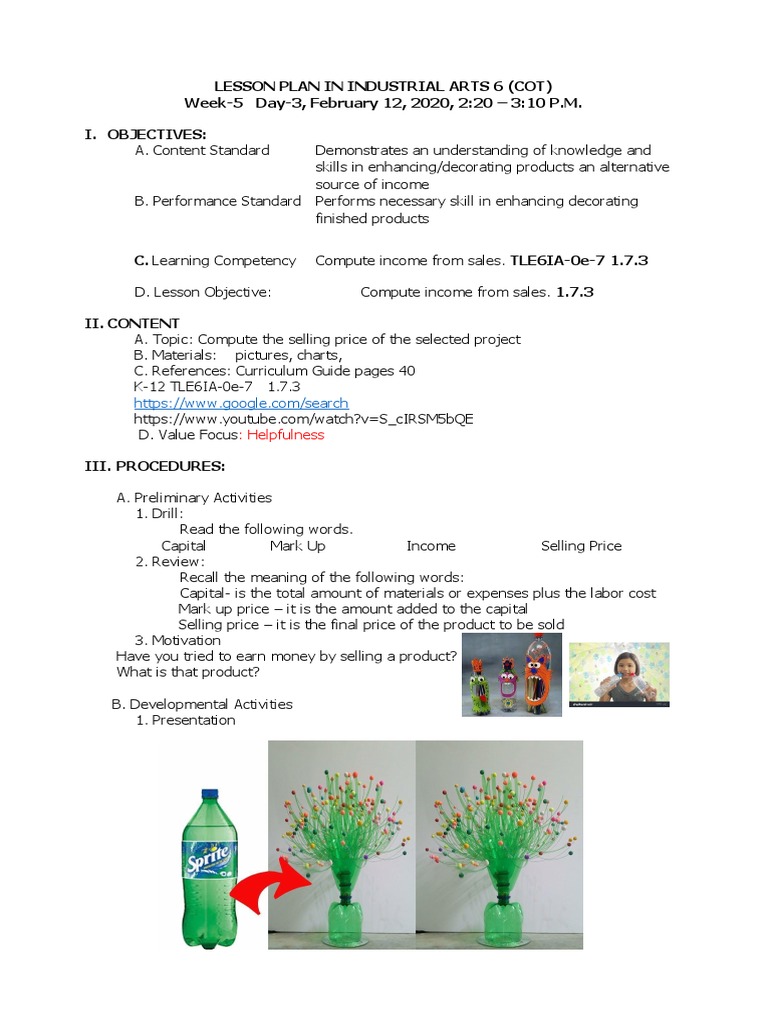 LESSON PLAN IN INDUSTRIAL ARTS 6 For COT PDF Prices Lesson Plan