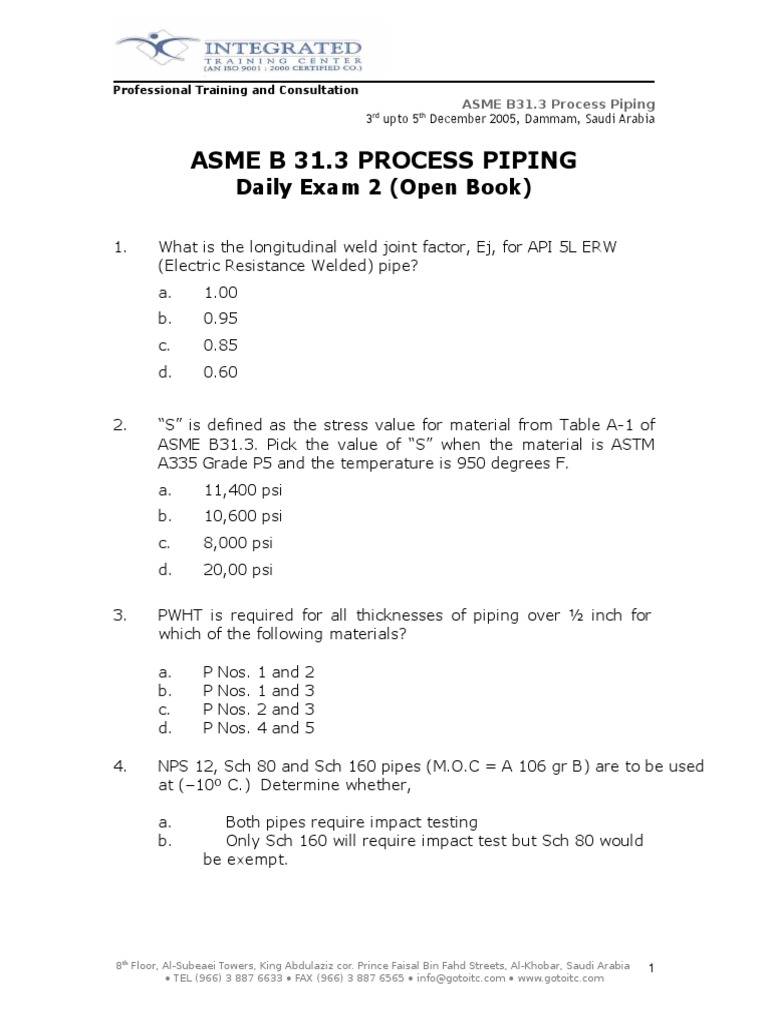 ASME_B31.3__Daily_Exam_2 Pipe (Fluid Conveyance) Building Technology