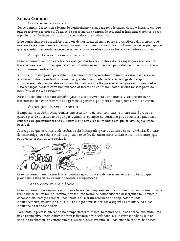 Senso Comum e Sociologia: Uma Análise | PDF | Bom senso | Conhecimento