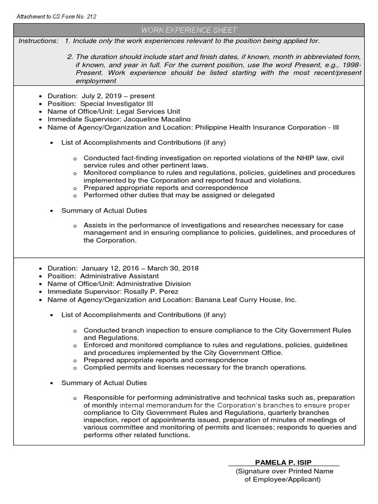 working-experience-sheet-sample