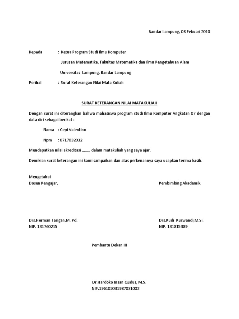 Contoh Surat Permohonan Nilai Mata Kuliah