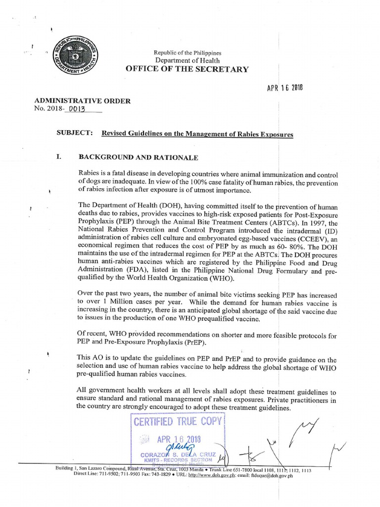 Revised Guidelines On The Management of Rabies Exposures AO 2018-0013 | PDF