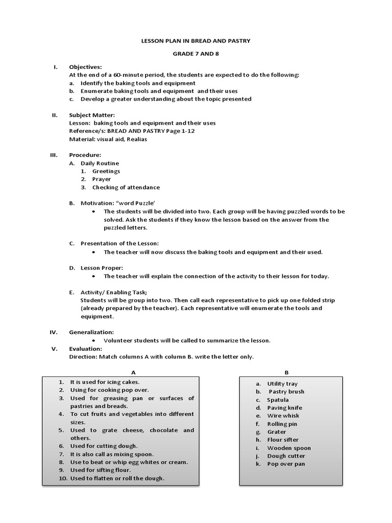 Baking Tools and Equipment Lesson Plan | PDF | Baking | Cakes