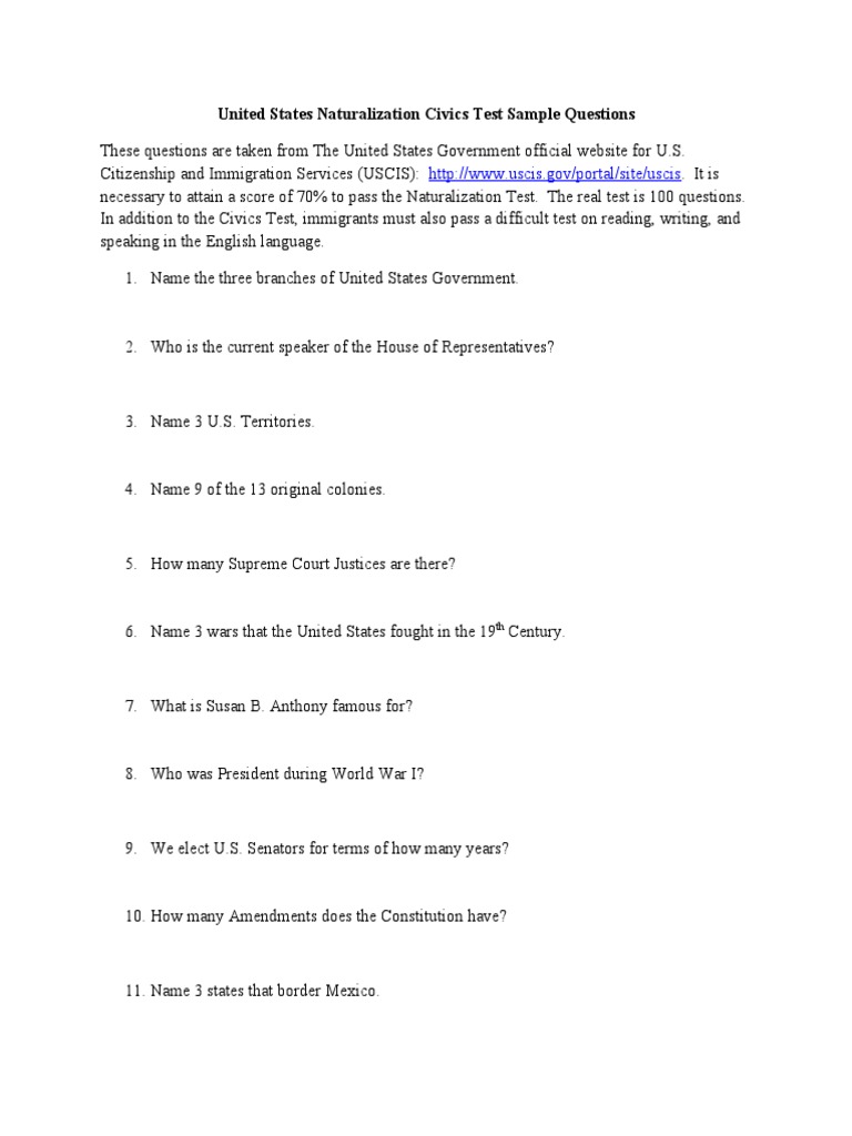 Sample Questions for Citizenship Test | PDF