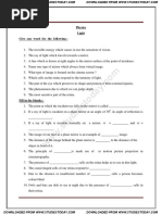 Class 8 Science Worksheet - Light