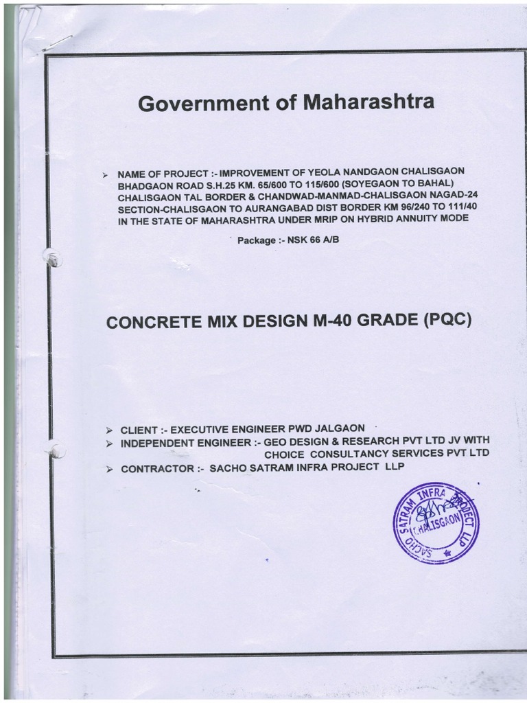 Concrete Mix Design M40 Grade (PQC) PDF PDF Concrete Cement