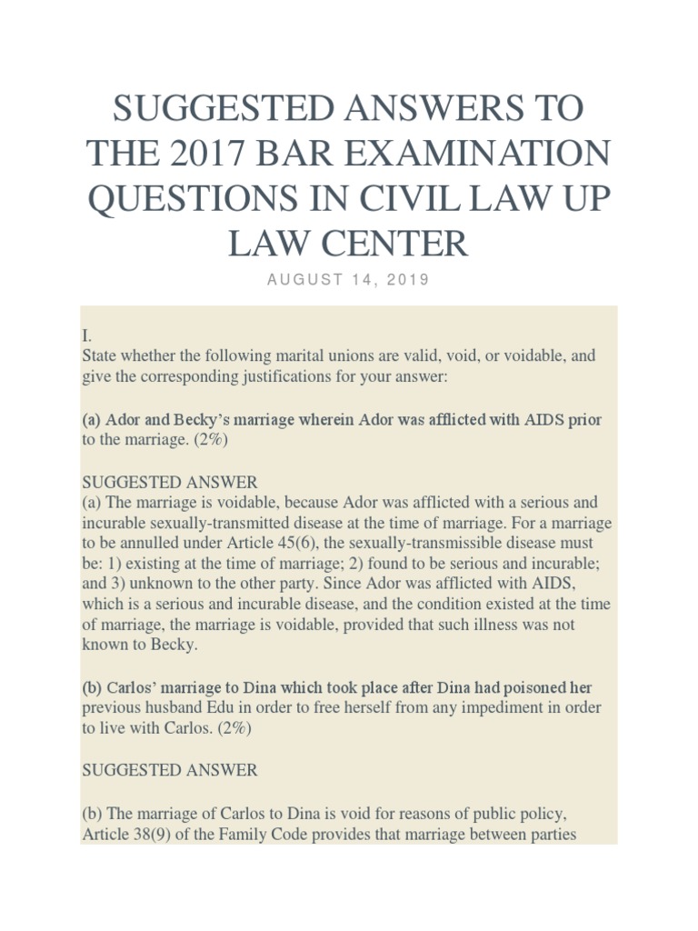 2017 Bar Examination Questions in Civil Law Up Law Center | PDF ...