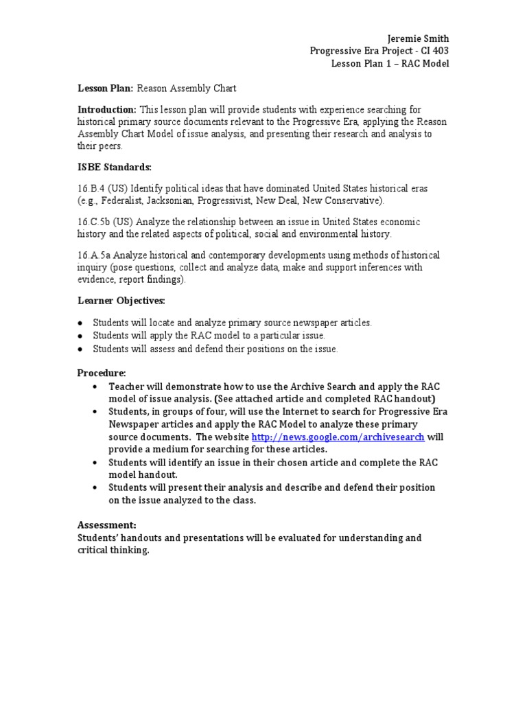 Progressive Era RAC Model Lesson Plan | PDF | Veto | Progressive Era