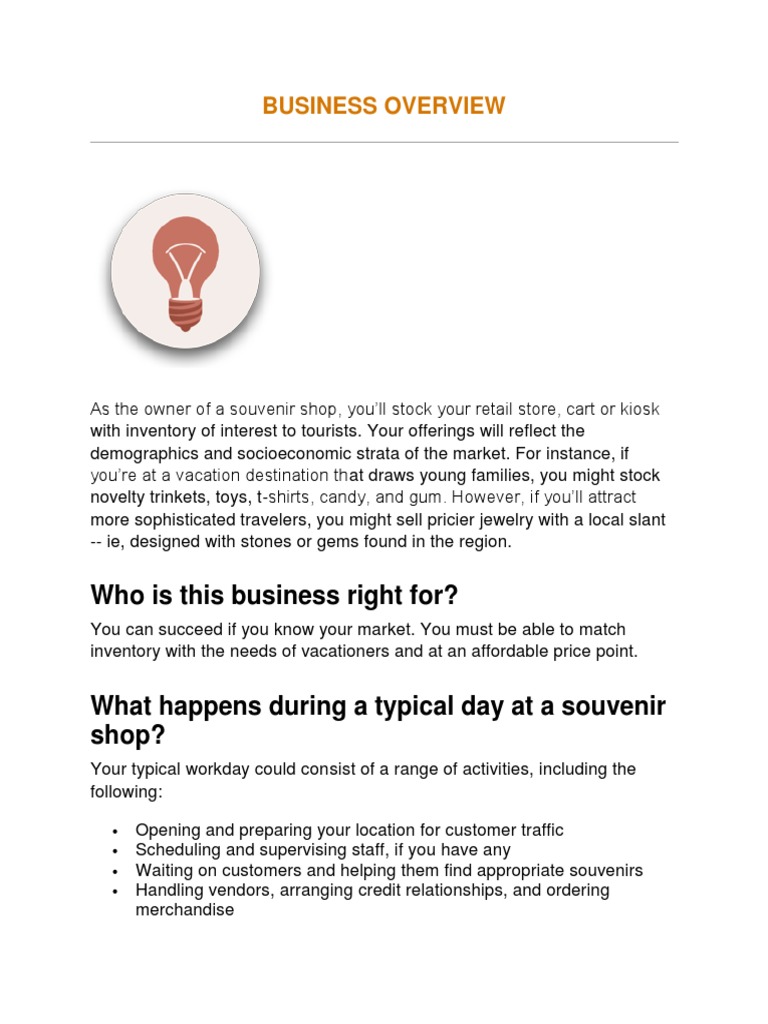 Souvenir Shop BUSINESS OVERVIEW PDF Retail Lease