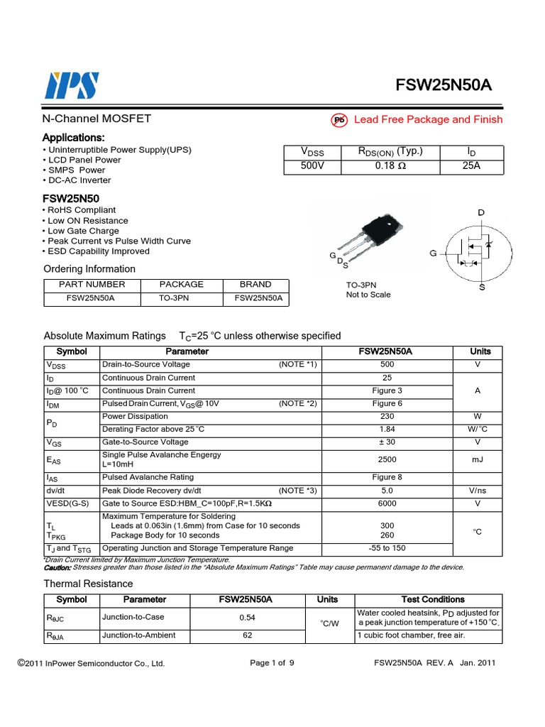 FSW25N50A InPowerSemiconductor PDF | PDF | Field Effect Transistor | Diode
