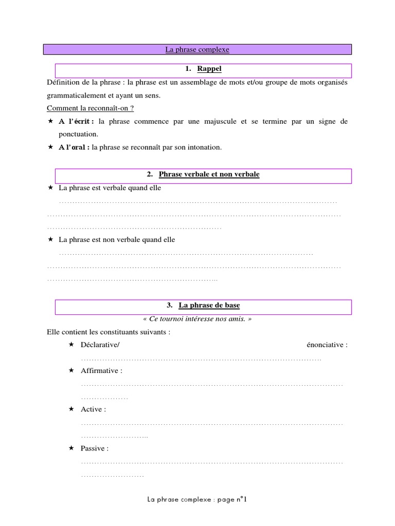 Evaluation Phrase Verbale Et Non Verbale 6eme La Phrase Complexe A La Ves | PDF | Phrase | Linguistique