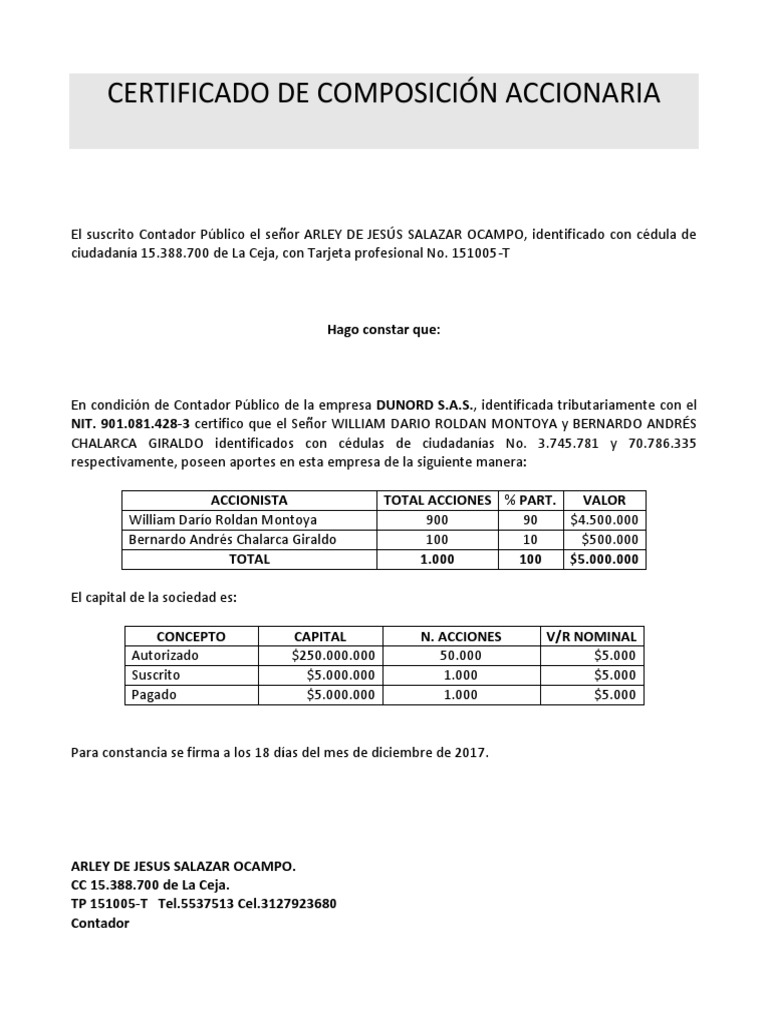 Certificado de Composición Accionaria | PDF