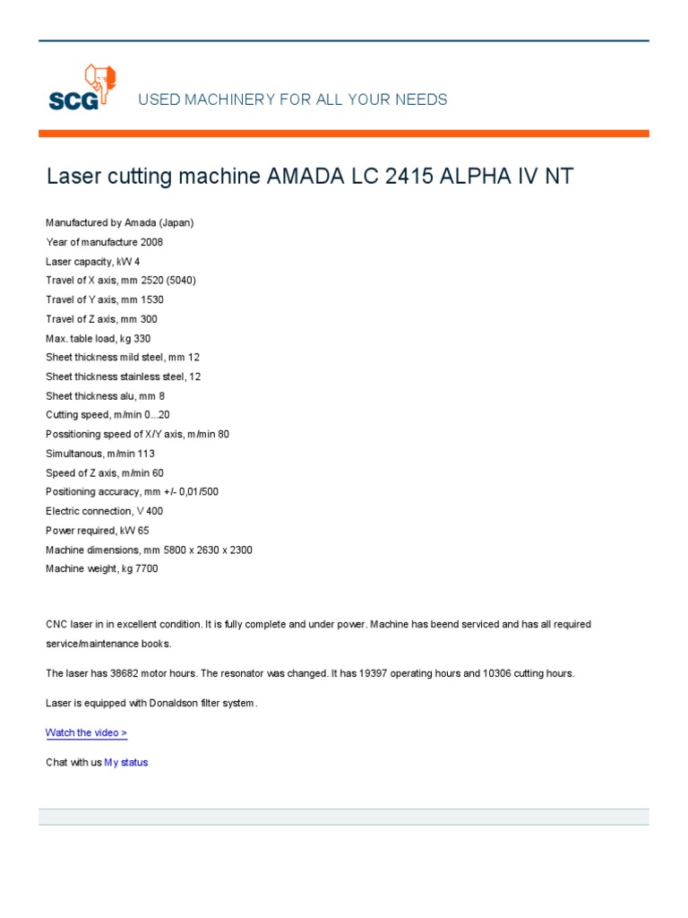 Amada LC 2415 Laser Cutting Machine PDF Home Garden Computers
