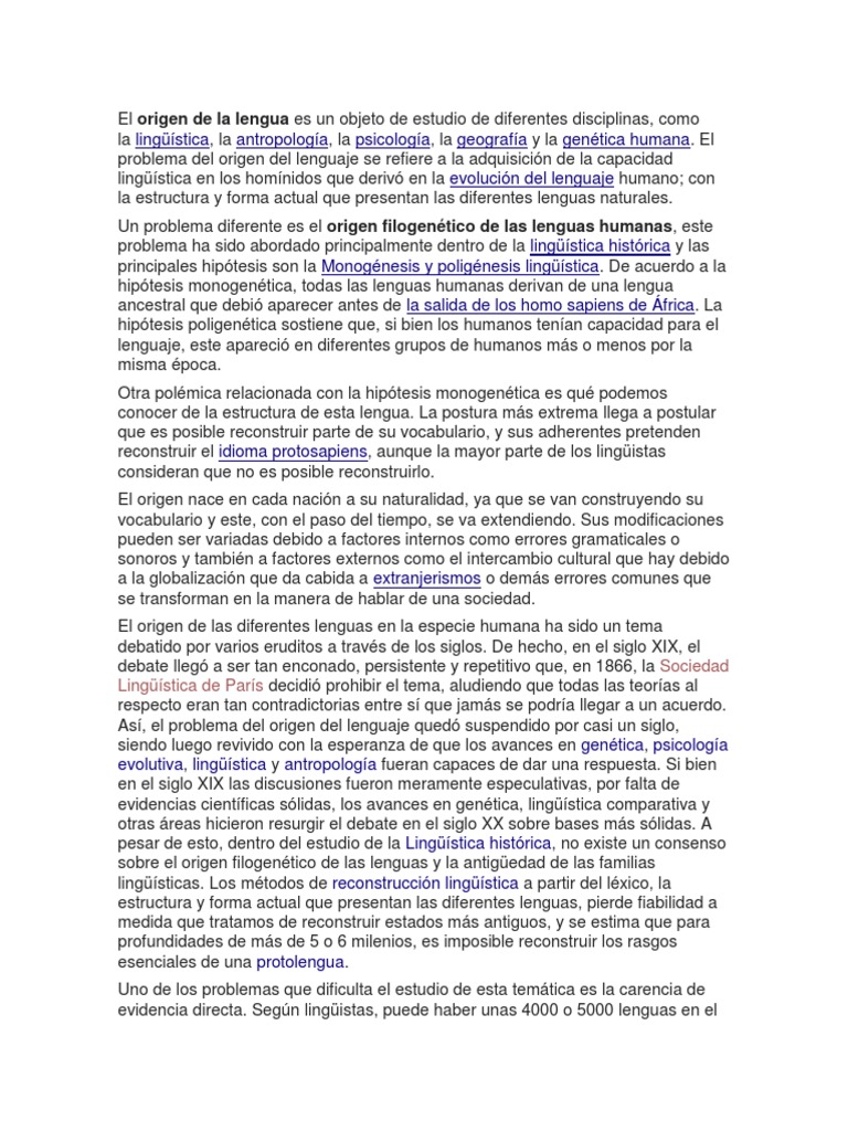 Origen Del Lenguaje Y La Lengua Pdf Evolución Lingüística