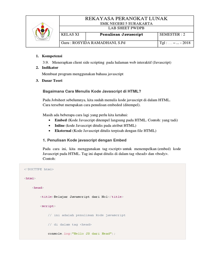 Jobsheet Javascript 2 - Penulisan Javascript | PDF