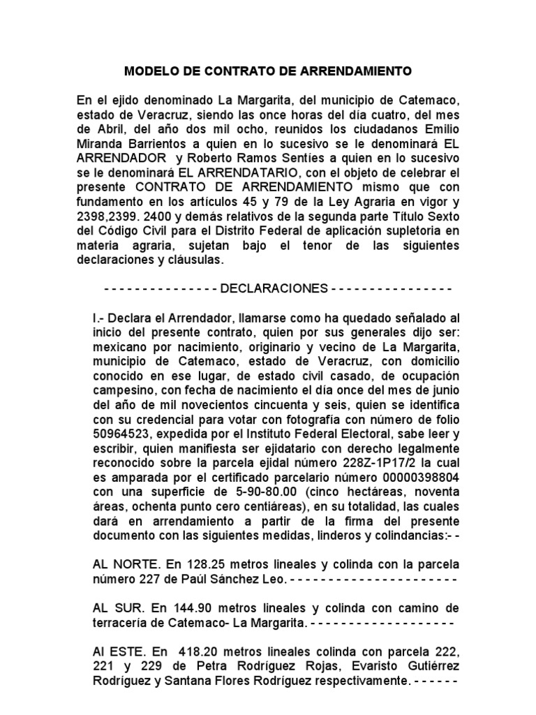 Modelo de Contrato de Arrendamiento
