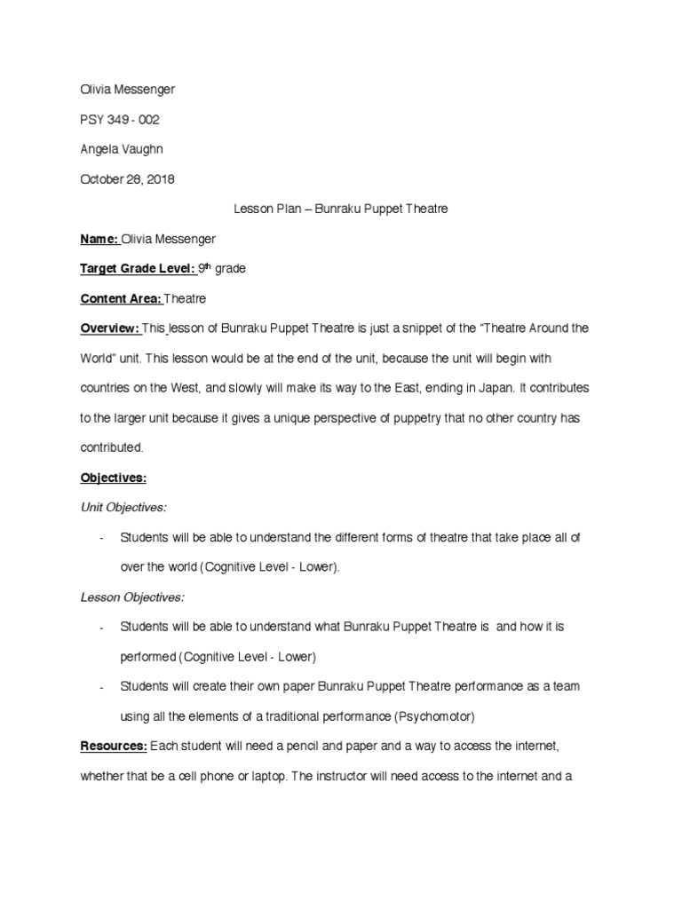 Bunraku Puppet Theatre Lesson Plan PDF Puppetry Psychological