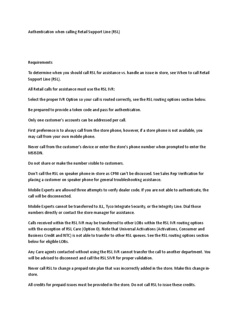 Authentication When Calling Retail Support Line (RSL) - 2 | PDF ...