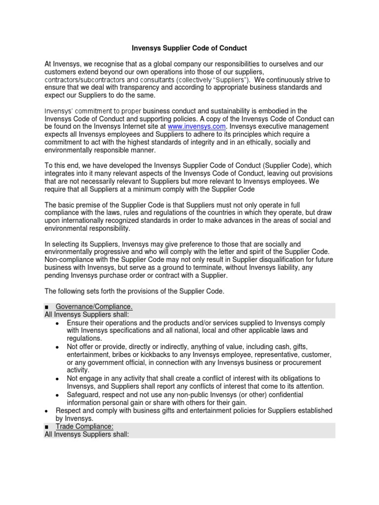 Invensys Supply Chain Code of Conduct PDF Supply Chain Regulatory