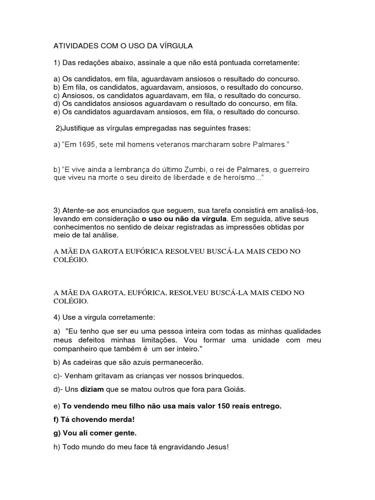 Atividades sobre o Uso da Vírgula | PDF