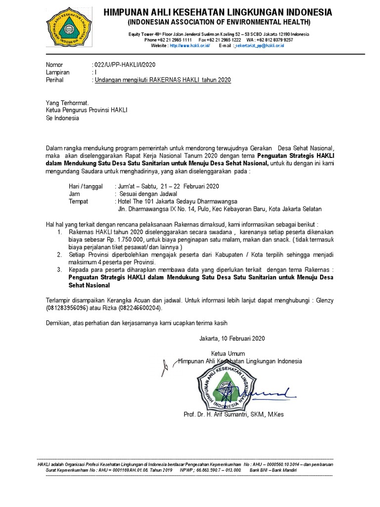 022 - U-I-2020 Undangan Rakernas Ke Pengprov Hakli PDF | PDF