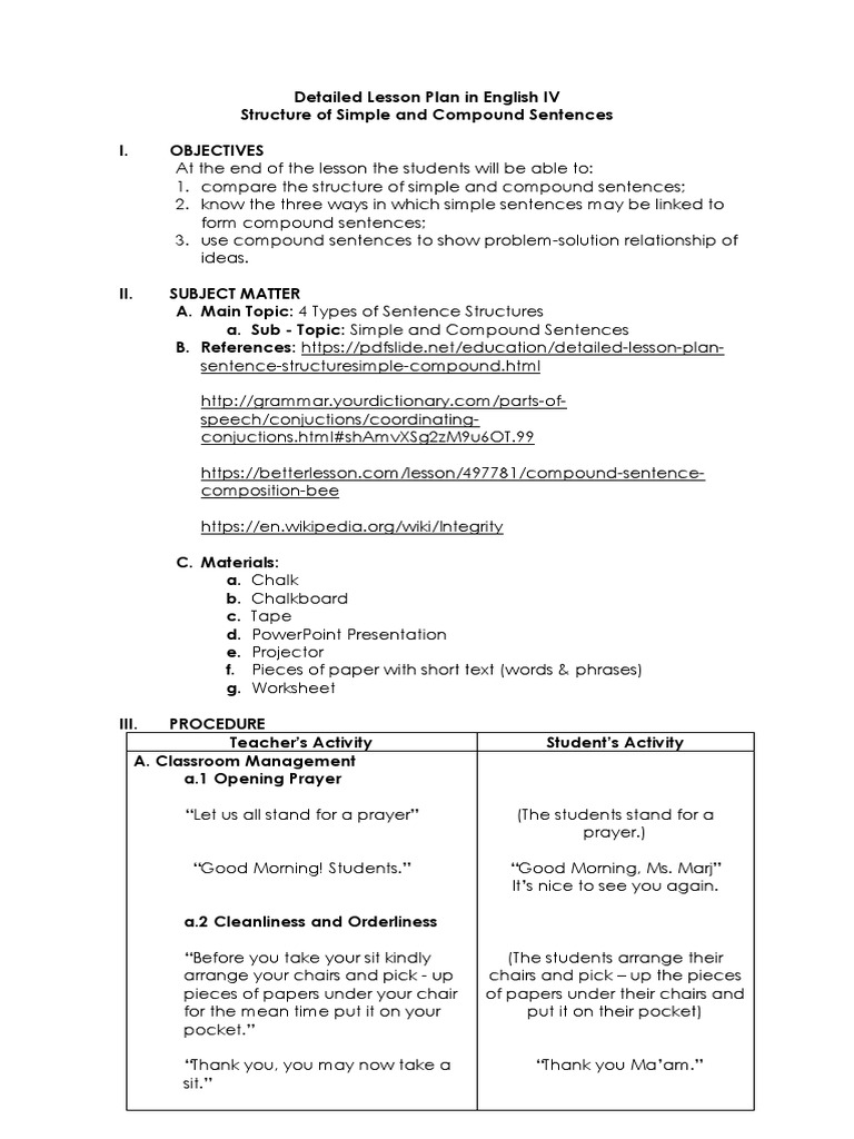 Lesson Plan: Simple & Compound Sentences | PDF | Subject (Grammar ...