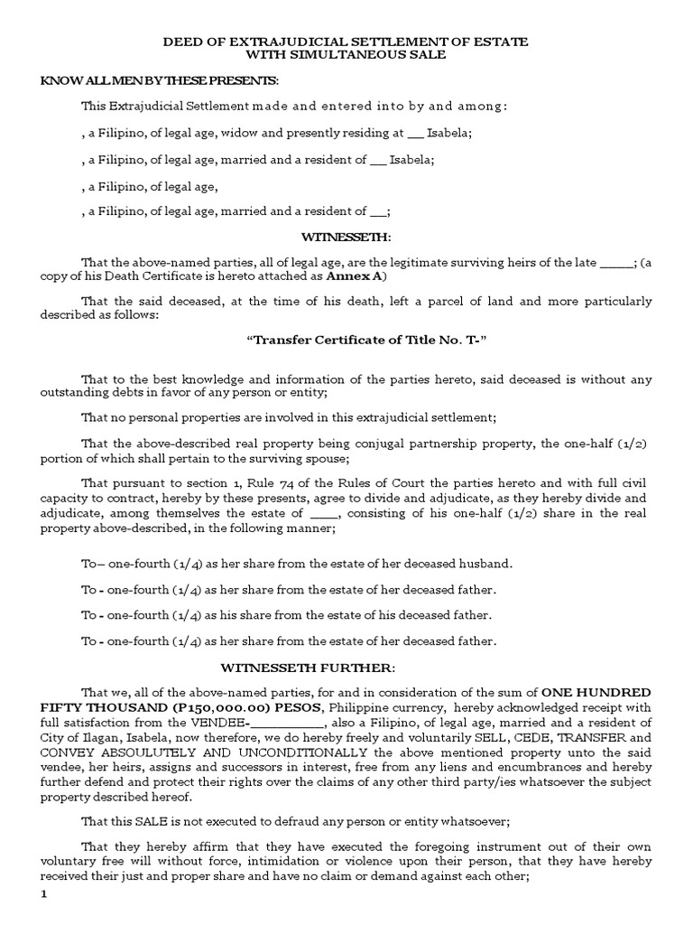 Extrajudicial Settlement and Sale Deed | PDF | Civil Law (Legal System ...