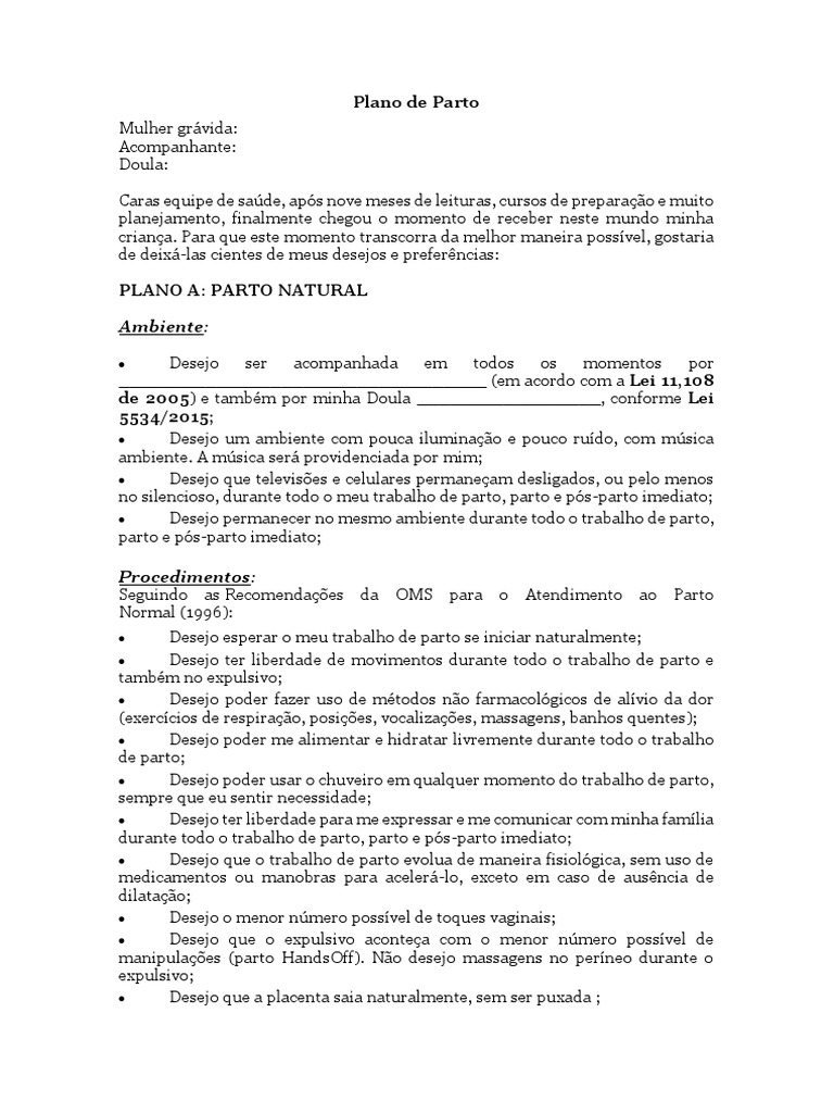 Modelo de Plano de Parto | PDF | Parto | Gravidez