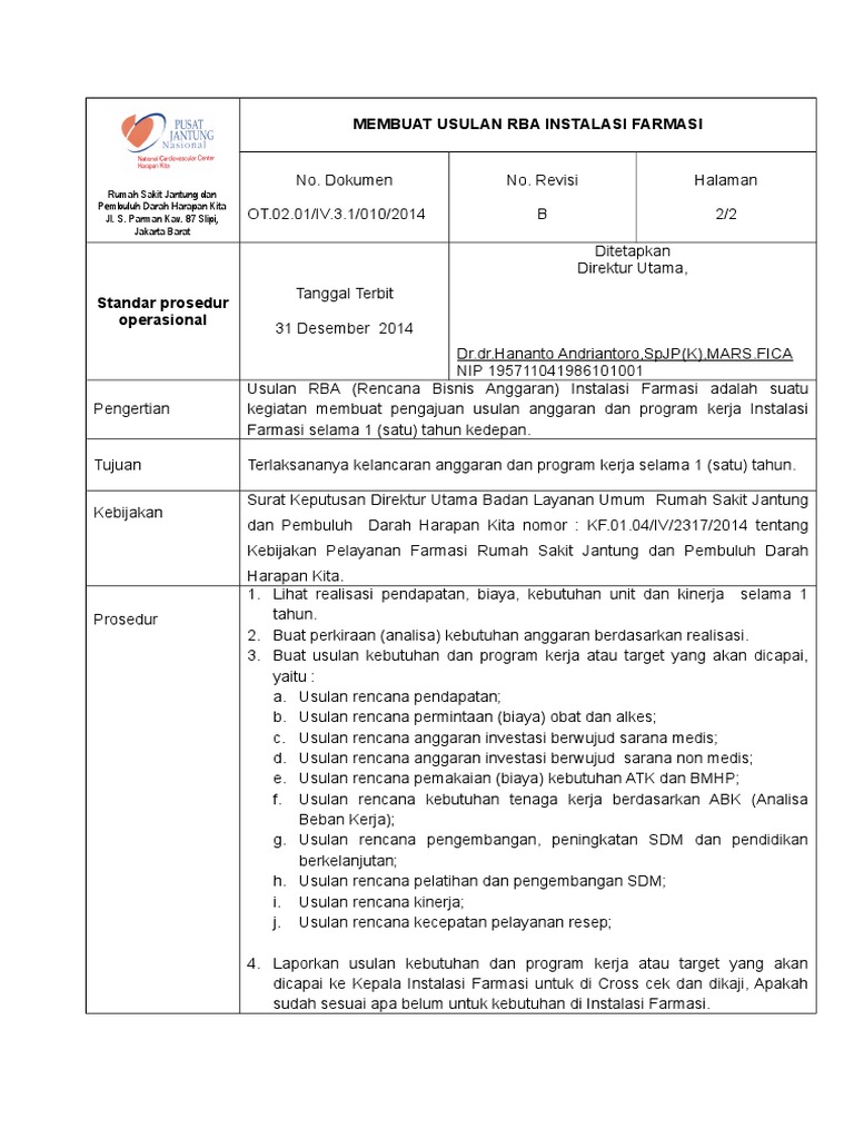 Usulan RBA Instalasi Farmasi RS Harapan Kita | PDF