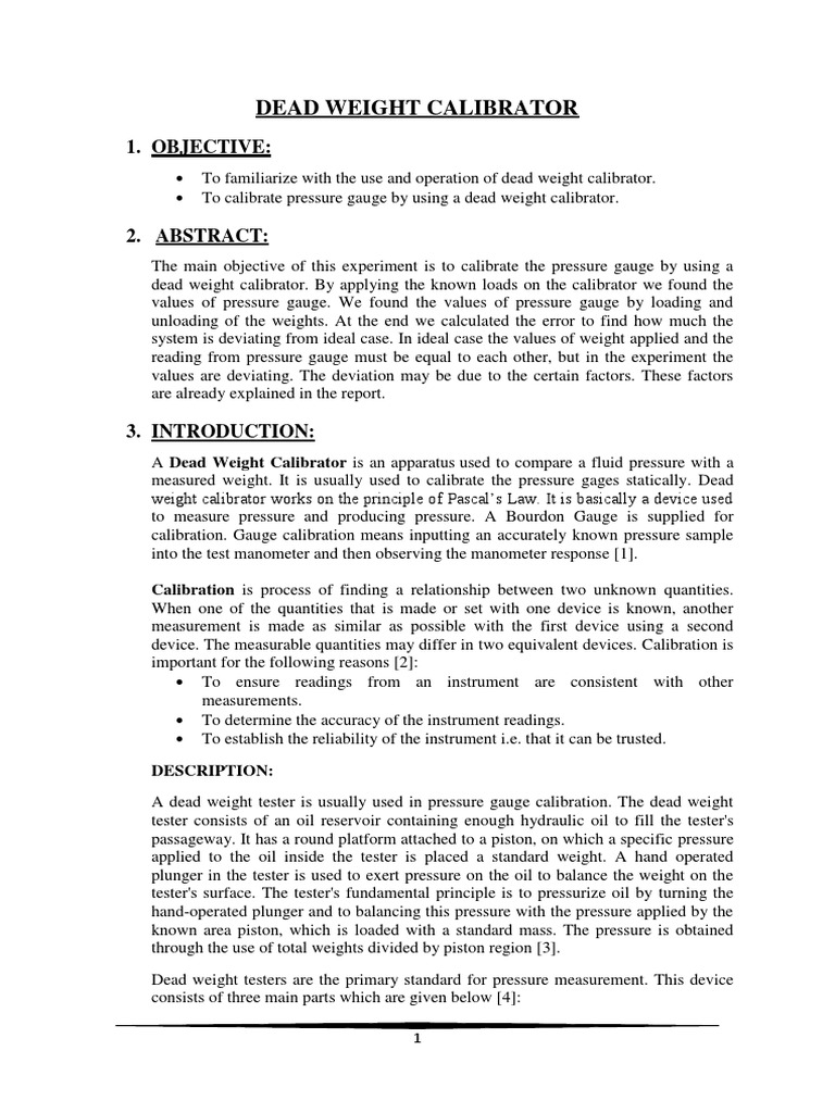 Calibration of Pressure Gauge Using Dead Weight | PDF | Calibration ...