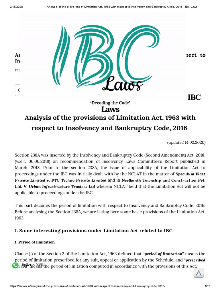 Limitation Act & IBC Code Analysis | PDF | Bankruptcy In The United ...