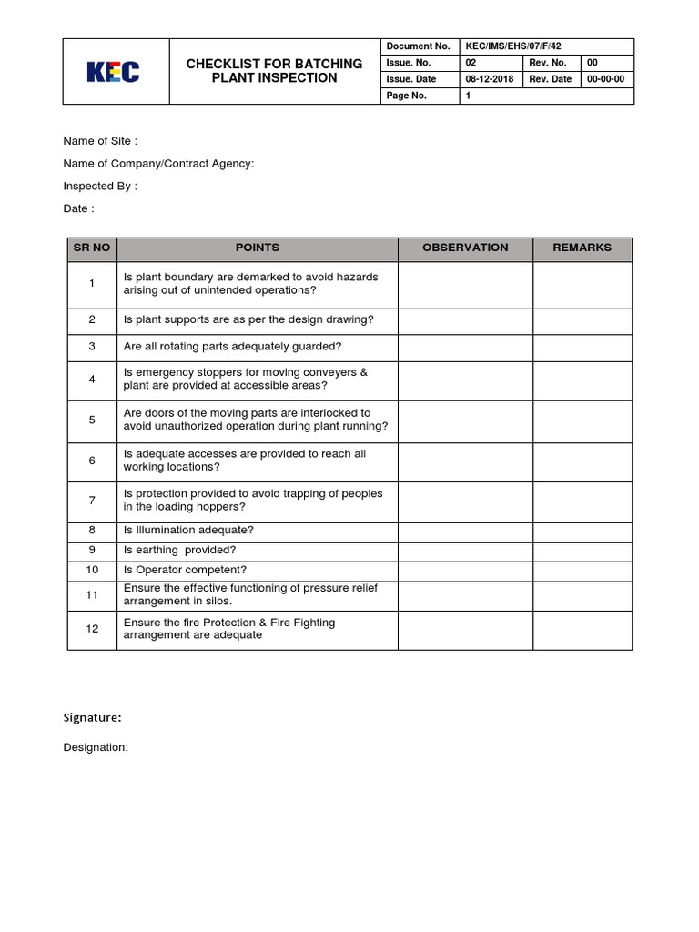 Checklist For Batching Plant PDF