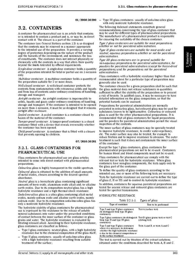 EP7 3.2.1 Glass Containers For Pharmaceutical Use PDF PDF Glasses