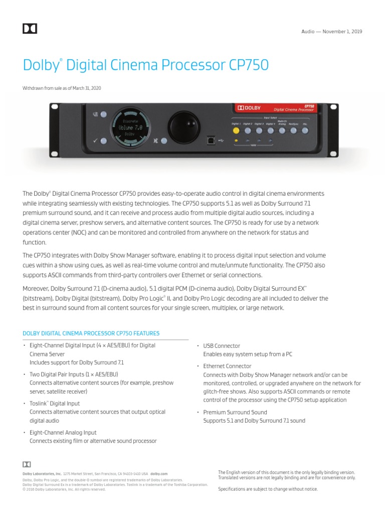 Dolby CP750 Product Sheet PDF Digital Audio Computer Network
