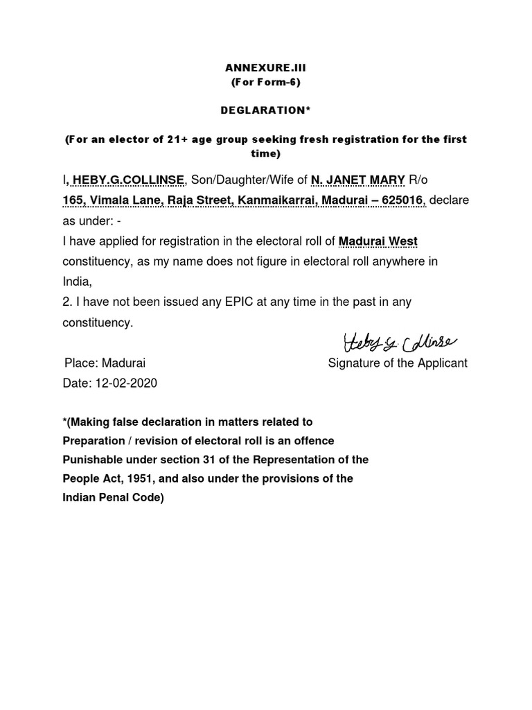 Age Declaration - Voter Id | PDF