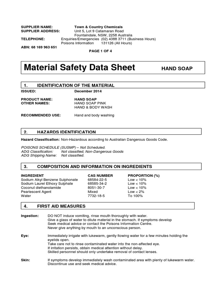 MSDS Hand Soap PDF Download Free PDF Dangerous Goods Personal Protective Equipment